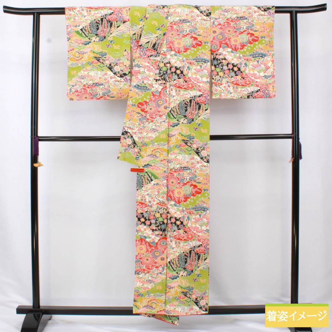 小紋 正絹 Sランク 身丈154cm 裄丈62cm 袷 鶸萌黄色（ひわもえぎいろ） 京紅型 吉祥文様 緑系 1115006832219