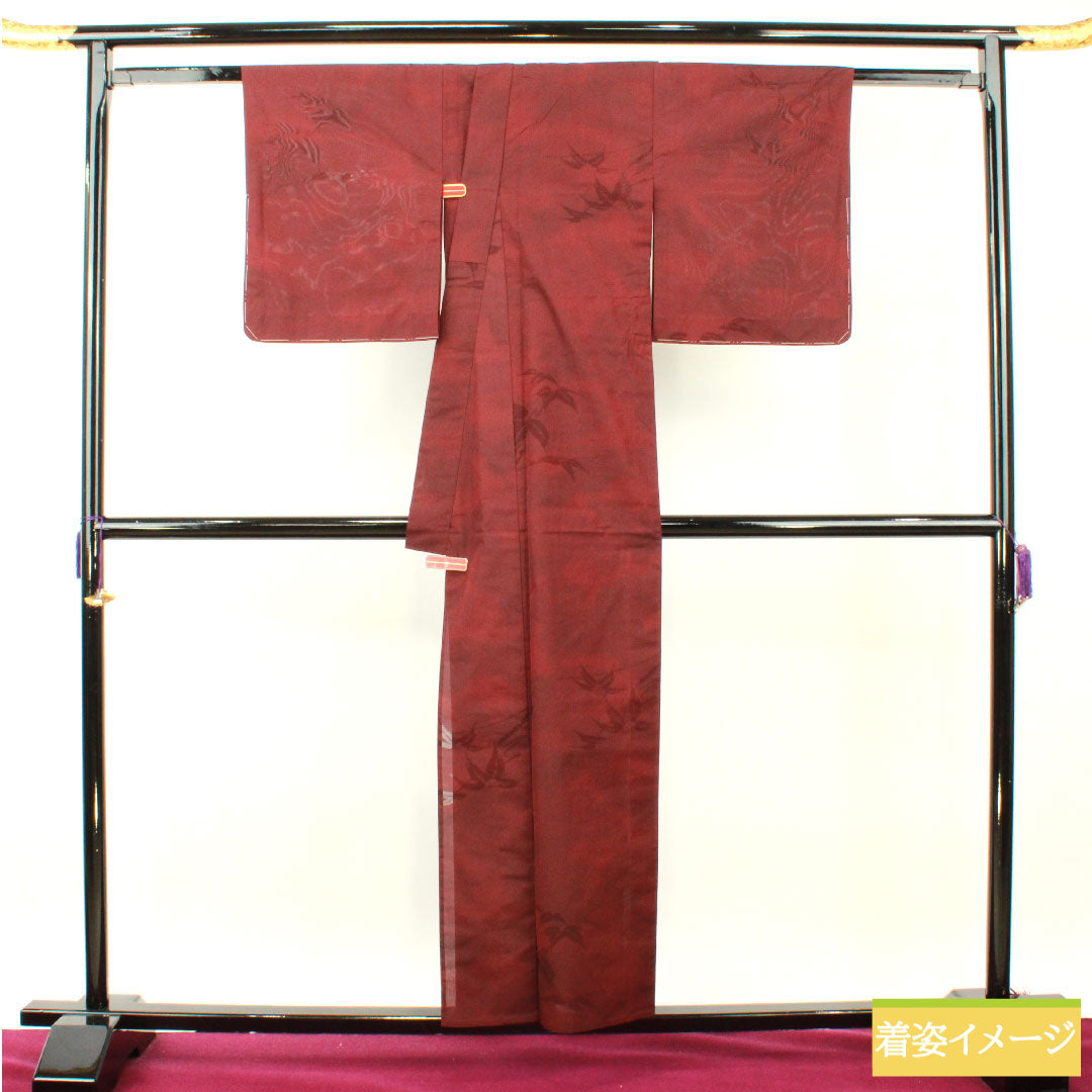 夏物 正絹 小紋 身丈156cm 裄丈62.5cm 暗紅色（あんこうしょく） 紋紗 笹 紗 Sランク 赤系 1132001902312