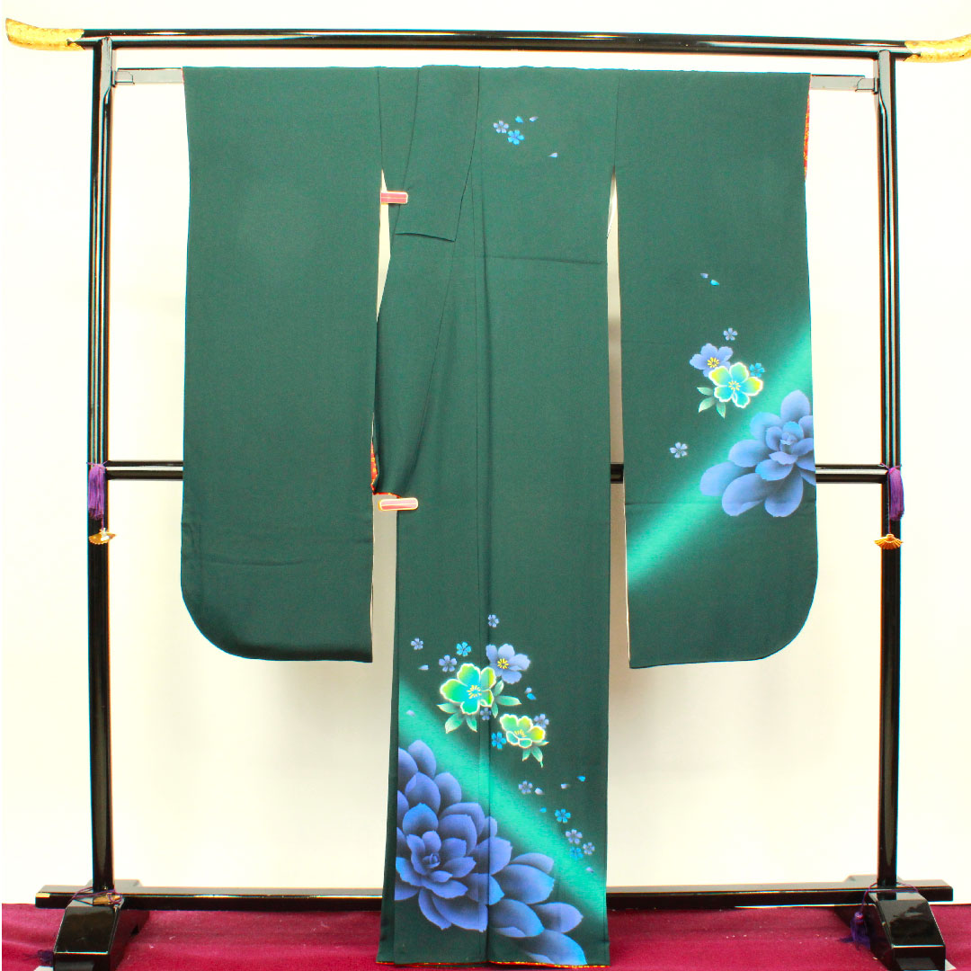 振袖 身丈165cm 裄丈70cm 袷  鉄色 京友禅 花模様  正絹 Aランク 緑系 1113001563519