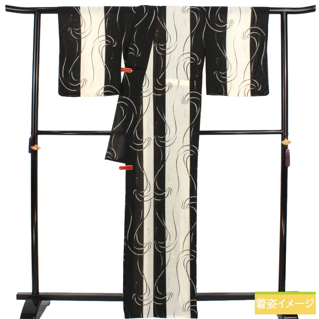 夏物 ポリエステル 小紋 Sランク 身丈166cm 裄丈67.5cm 生成り色（きなりいろ） 縞 人物画 抽象模様 紗 マルチカラー 1132003532528