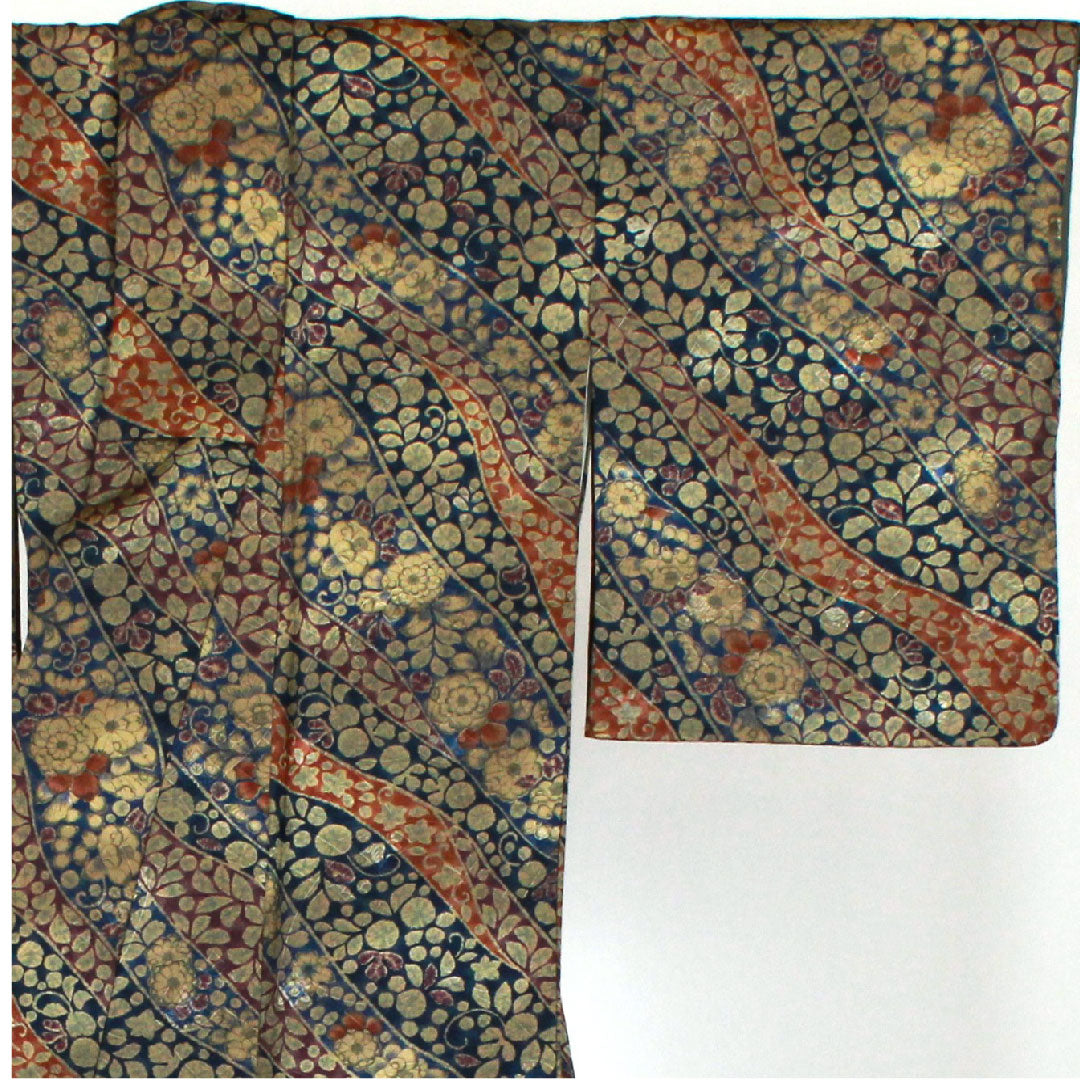 小紋 身丈159cm 裄丈63cm 袷  辻ヶ花 洗える着物  ポリ Sランク 紺系 1115000902318