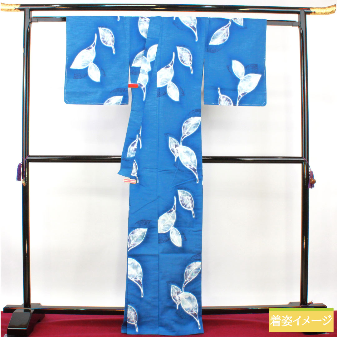 浴衣 木綿 身丈167cm 裄丈66cm Sランク 単衣 青系 縹色（はなだいろ） 葉っぱ模様 1118005202517