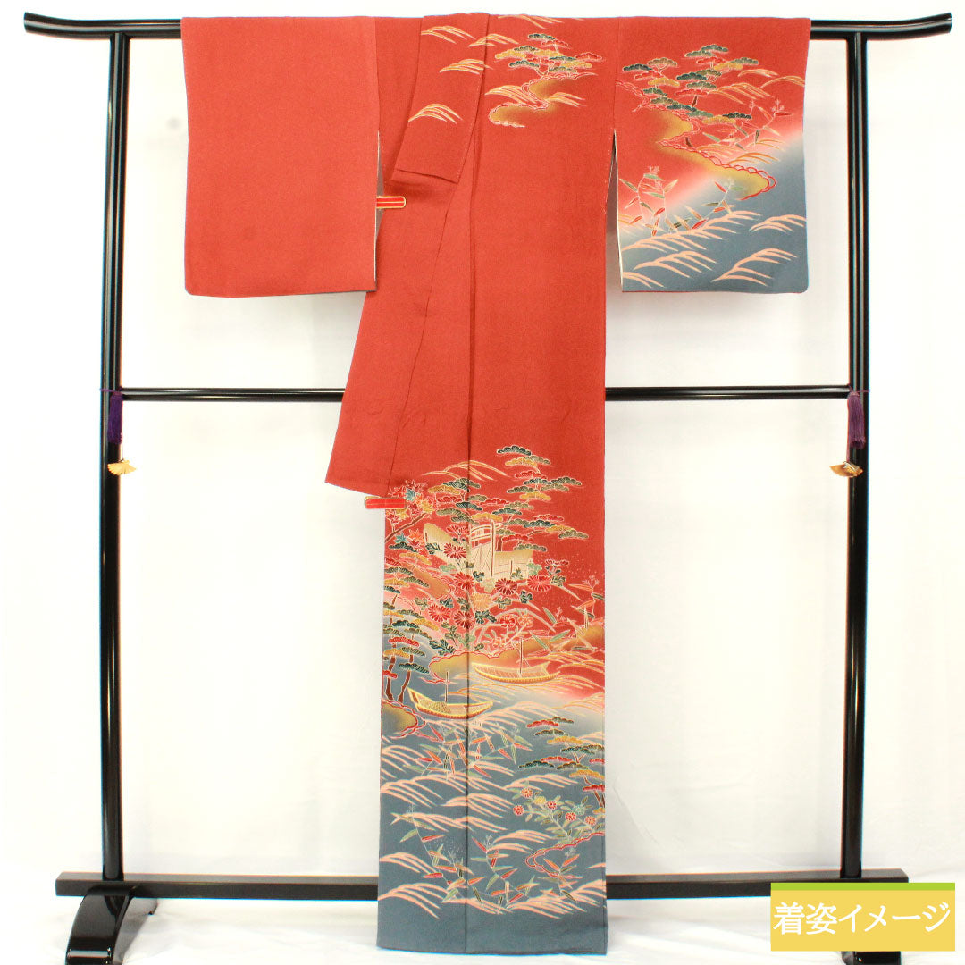 訪問着 正絹 袷 身丈165.5cm 裄丈65cm 弁柄色（べんがらいろ） 京友禅 茶屋辻風景模様 ちりめん地 Aランク 朱系 1112005923516