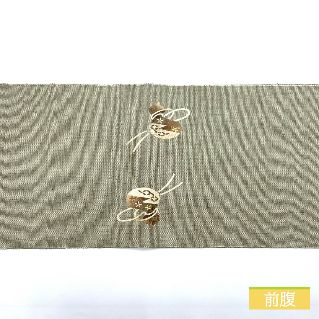 名古屋帯 灰緑色（はいみどりいろ） 作家物 みのむし ぜんまい 帯丈385cm 正絹 Sランク ポイント柄 カジュアル 緑系 1124007062419 松葉仕立て