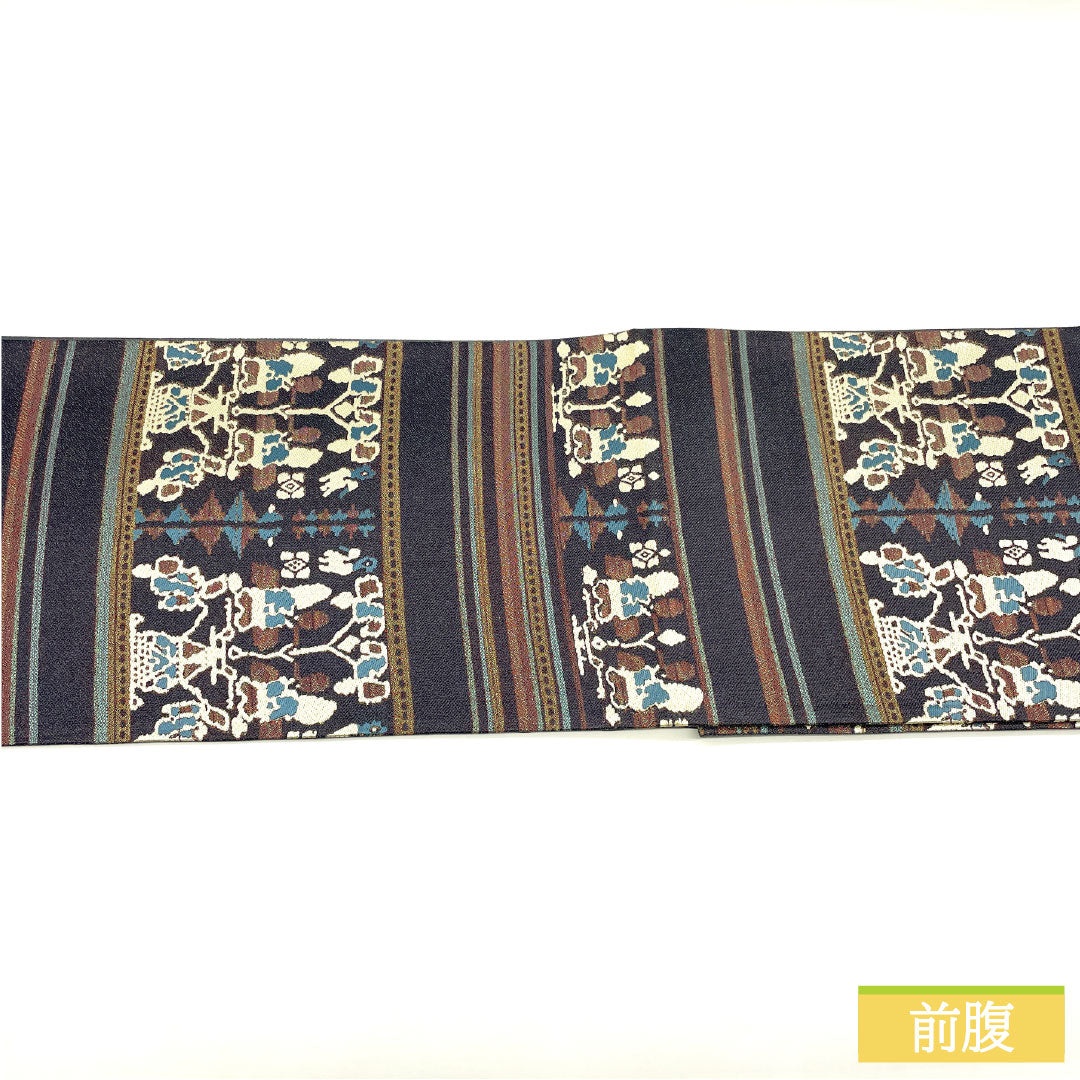 袋帯 正絹 Sランク 藍鼠色（あいねずいろ） 西陣織 抽象模様   帯丈456cm 六通 カジュアル グレー系 1123016532422