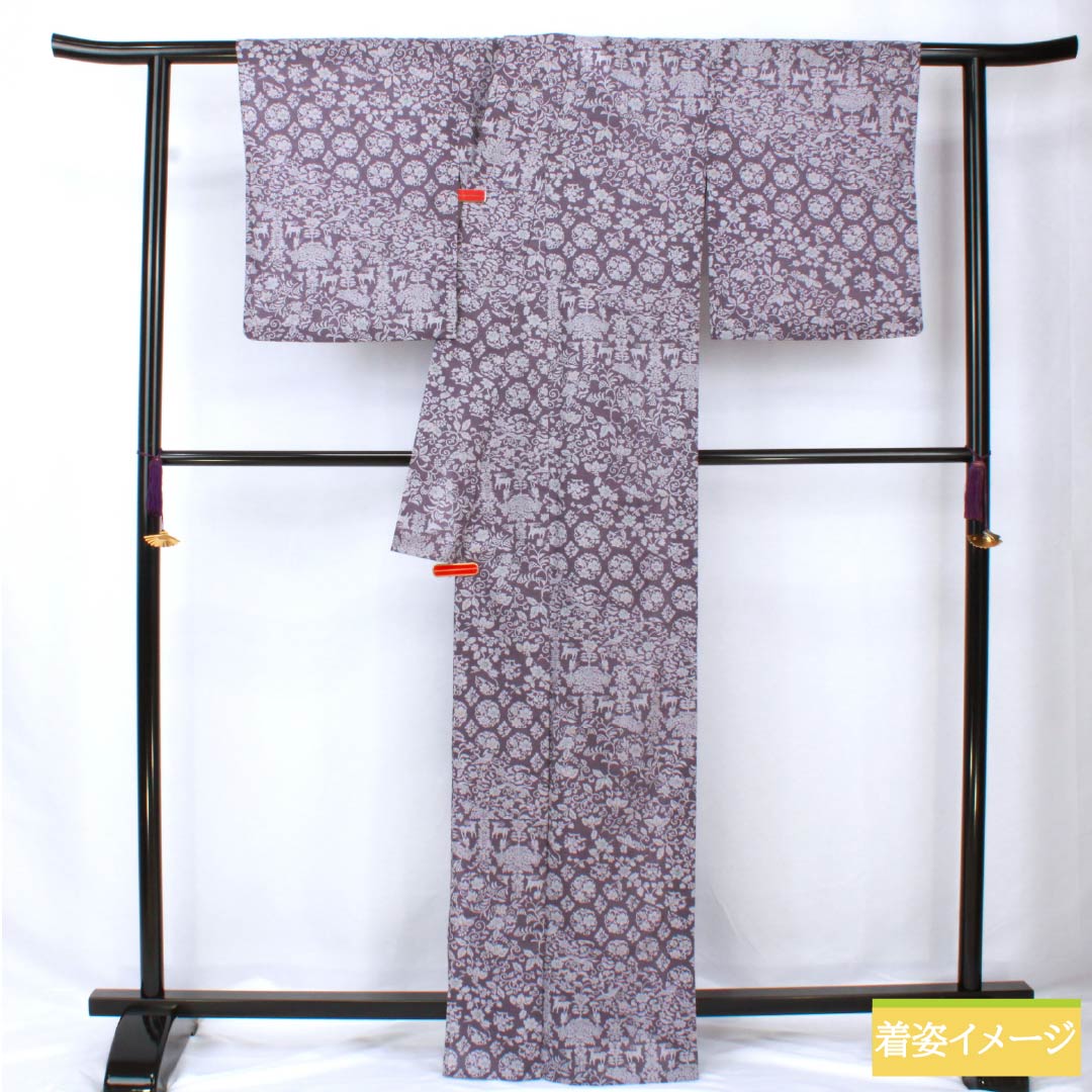 夏物 ポリエステル 小紋 身丈165.5cm 裄丈64.5cm 滅紫色（けしむらさきいろ） 割付 更紗模様 洗える着物 紗 Sランク 紫系 1132002152520