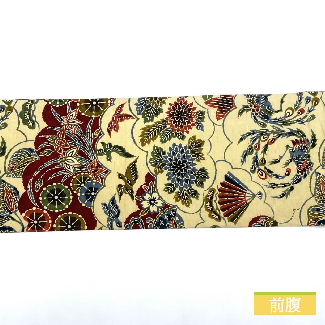 名古屋帯 牙黄色（げおういろ） 京紅型 雲取り 花模様 帯丈348cm 正絹 Sランク 六通 カジュアル クリーム系 1124007642315 名古屋仕立て