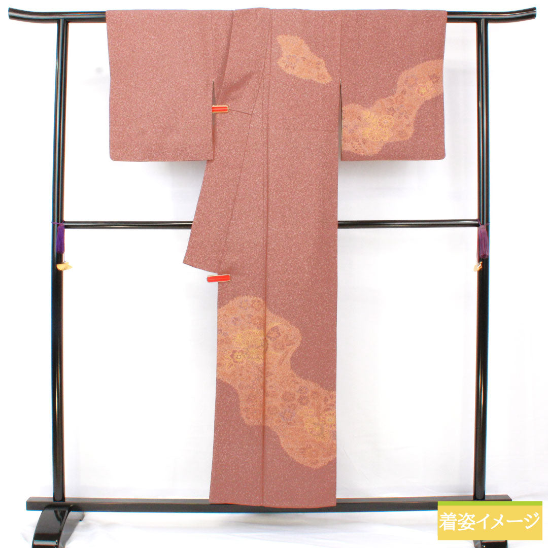 訪問着 正絹 袷 身丈153cm 裄丈63cm 小豆鼠色（あずきねずいろ） 草花模様 部分刺繡 Sランク 茶系 1112005752214