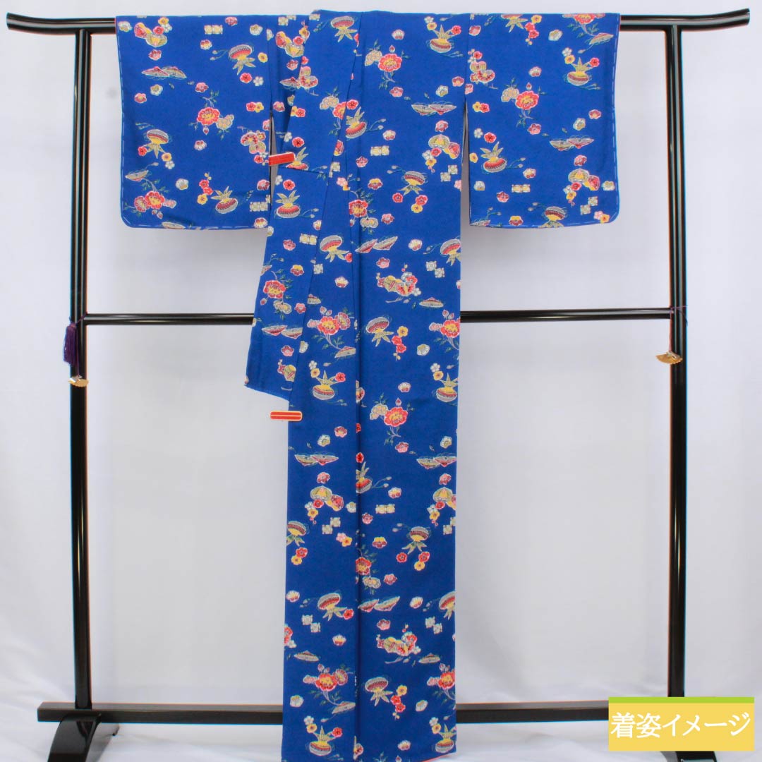 小紋 正絹 Sランク 身丈163.5cm 裄丈66cm 袷 瑠璃色（るりいろ） 型染 吉祥文様 青系 1115006892417
