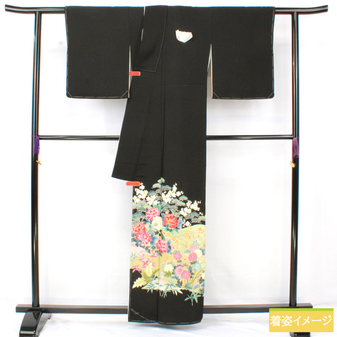 黒留袖 正絹 身丈158.5cm 裄丈62cm 袷 京加賀友禅 草花模様 作家物 五つ紋 花菱 Aランク 黒系 1111001673310