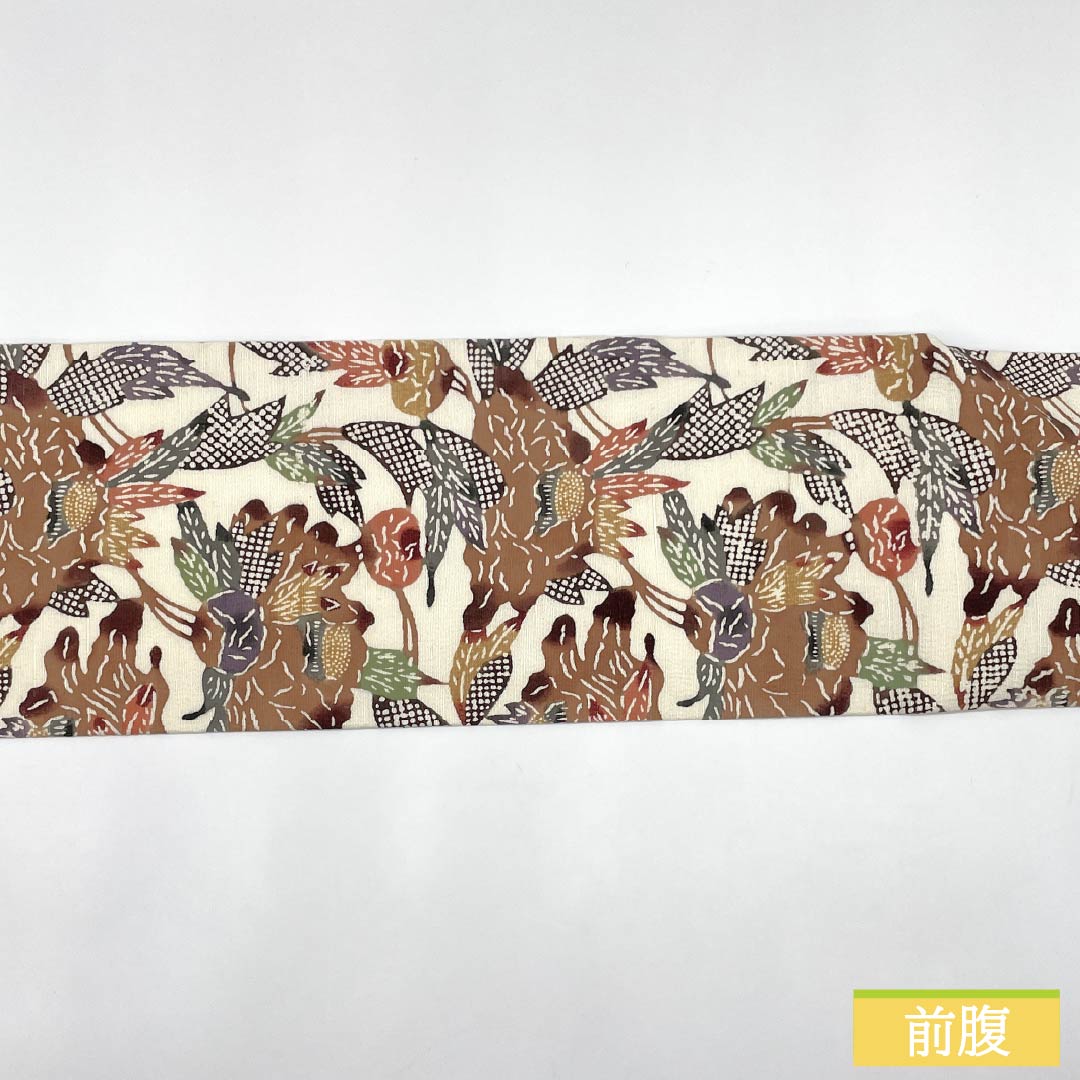 3*i様 名古屋帯 型染め 大柄花唐草 素敵な色味 九寸 正絹 着物 RO-50 リサイクル着物】名古屋帯 正絹 Bランク 生成り色（きなりいろ