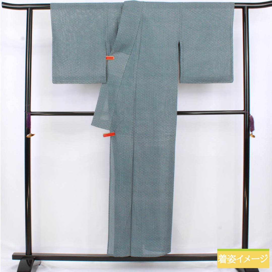 Summer Pure Silk Komon Kimono, Length 152.5cm, Sleeve Length 65.5cm, Indigo Iron (Aite-iro) Color, Edo Komon Pattern, Stencil Dyed, Abstract Pattern, Ro, Rank B, Blue, Product Code: 1132002774217