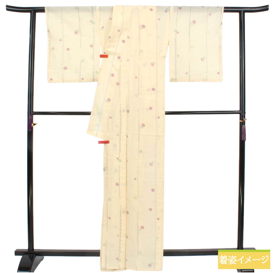 夏物 ポリエステル 小紋 Aランク 身丈164cm 裄丈66.5cm 練色（ねりいろ） 洗える着物 水玉模様 絽 クリーム系 1132005993415