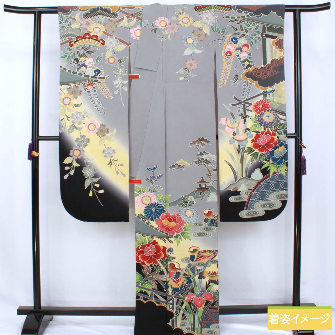 振袖 正絹 Aランク 身丈166cm 裄丈68cm 袷 錫色（すずいろ） 京紅型 宮崎染工 作家物 吉祥文様 鴛鴦 グレー系 1113002503522