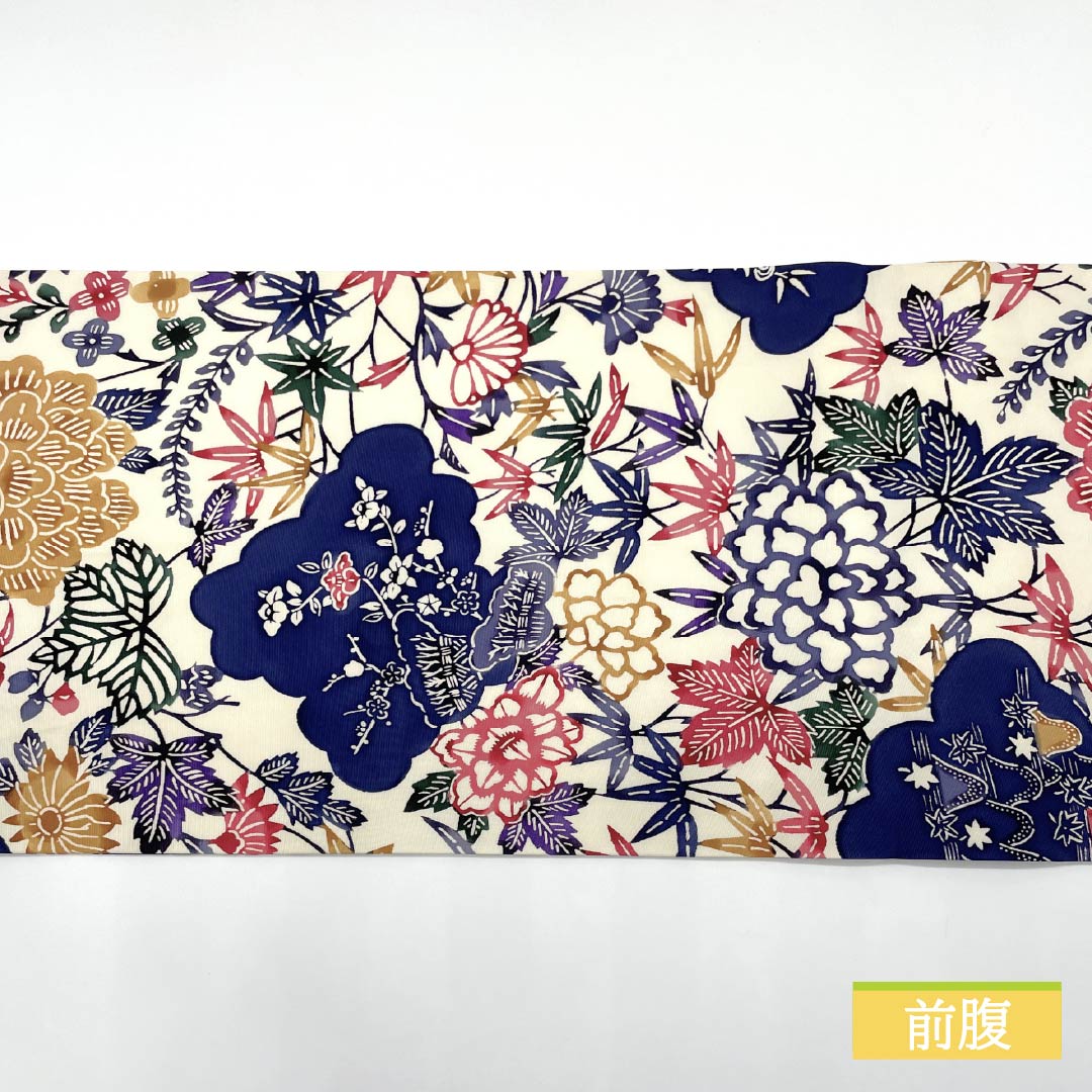 名古屋帯 生成り色（きなりいろ） 京紅型 牡丹 紅葉 帯丈348cm 正絹 Aランク 六通 カジュアル クリーム系 1124006773315 開き仕立て