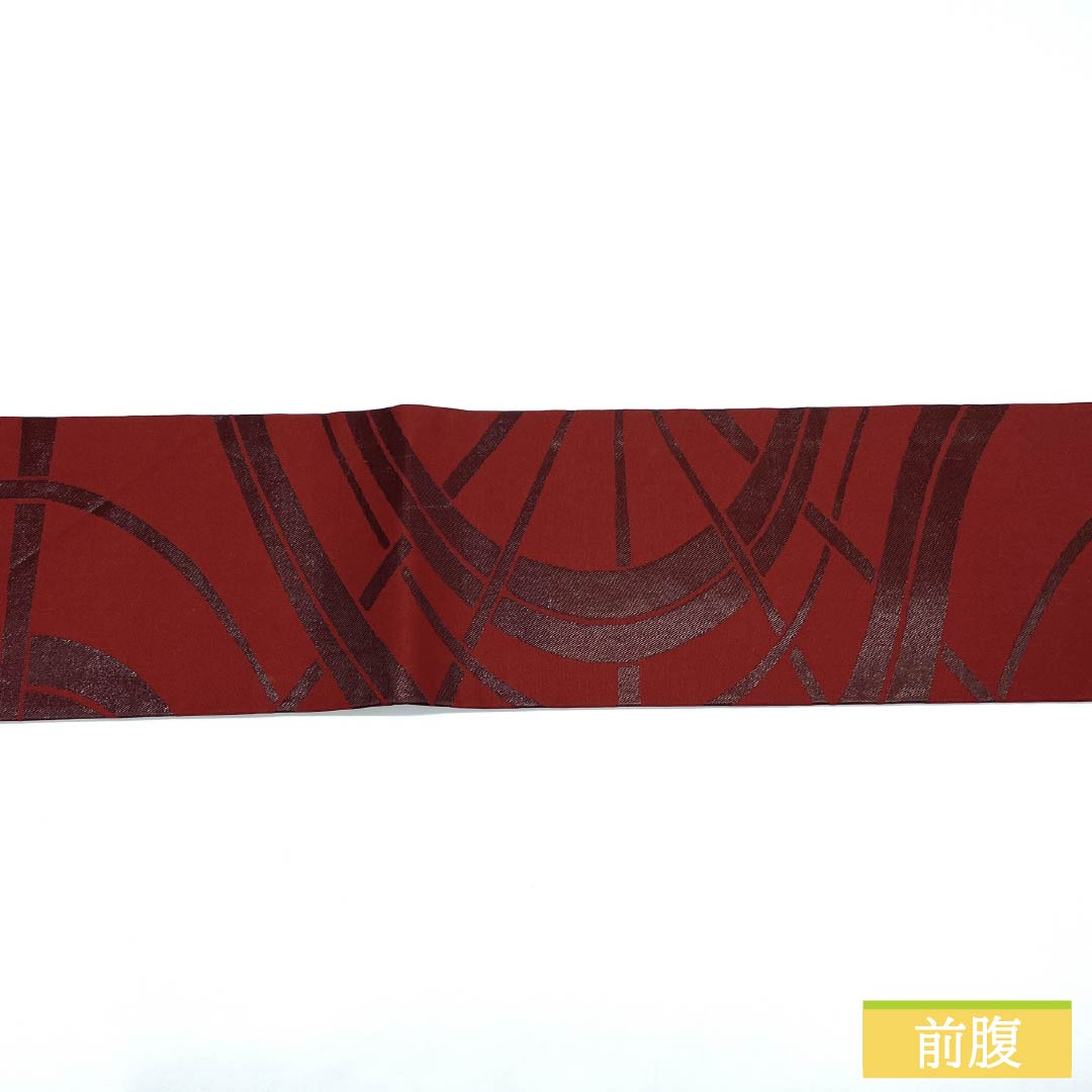 名古屋帯 正絹 Sランク 生臙脂色（しょうえんじいろ） うるし箔 番傘 帯丈353cm 六通 カジュアル 朱系 1124010502316 名古屋仕立て