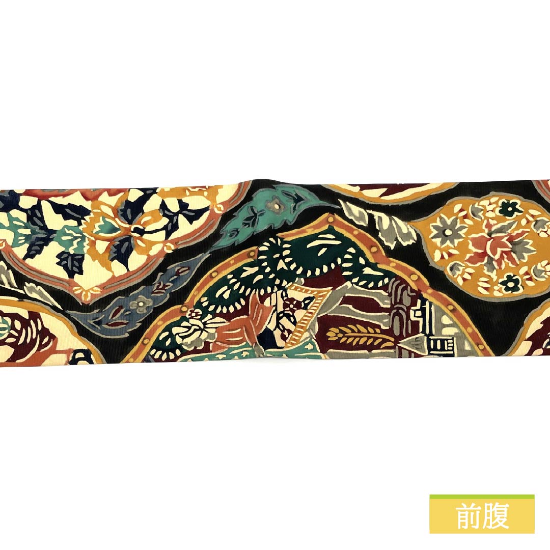 名古屋帯 型染 更紗模様 帯丈360cm 正絹 Sランク 六通 カジュアル 黒系 1124006682310 名古屋仕立て