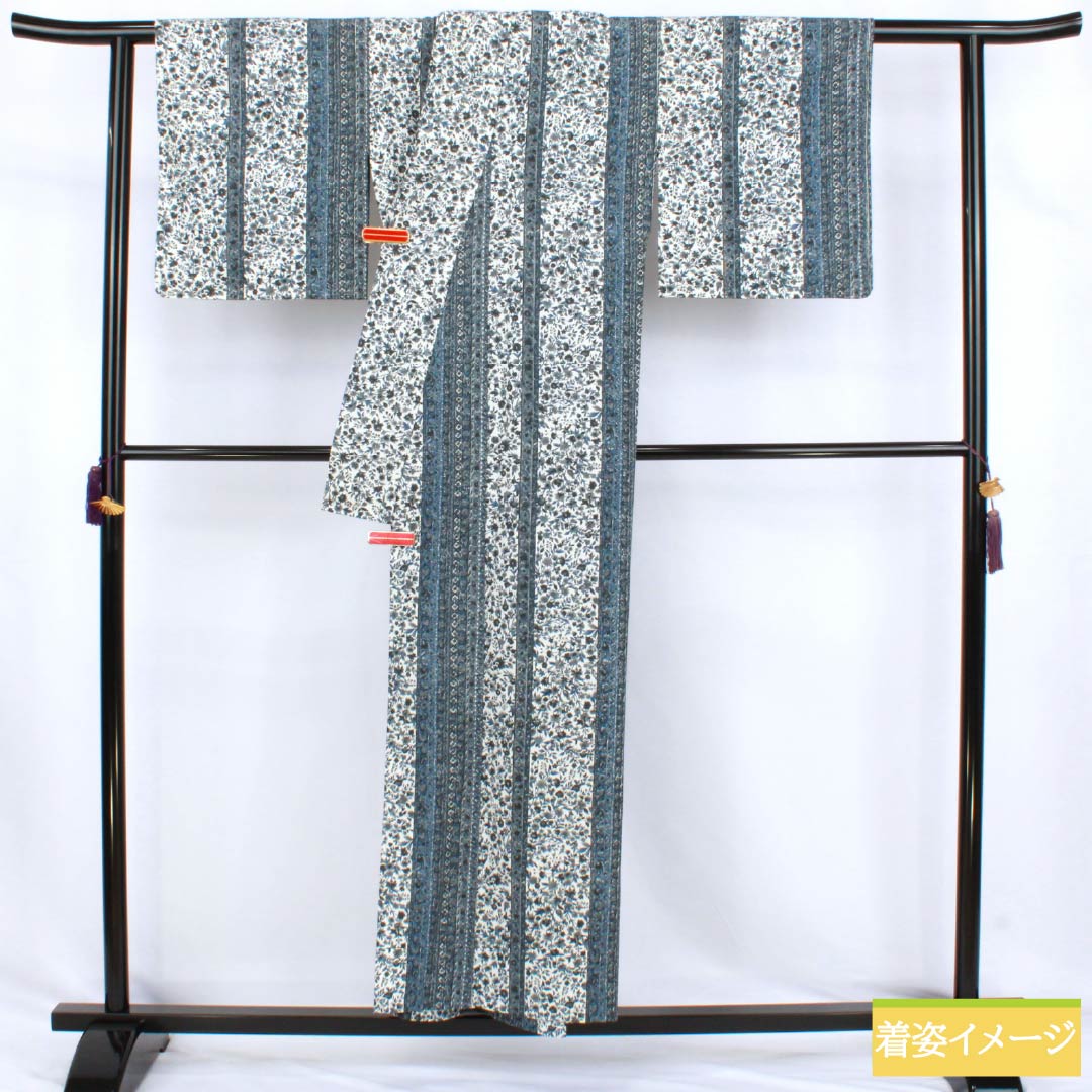 小紋 ポリエステル Aランク 身丈152.5cm 裄丈64cm 単衣 型染 更紗 洗える着物 白系 1115008033211