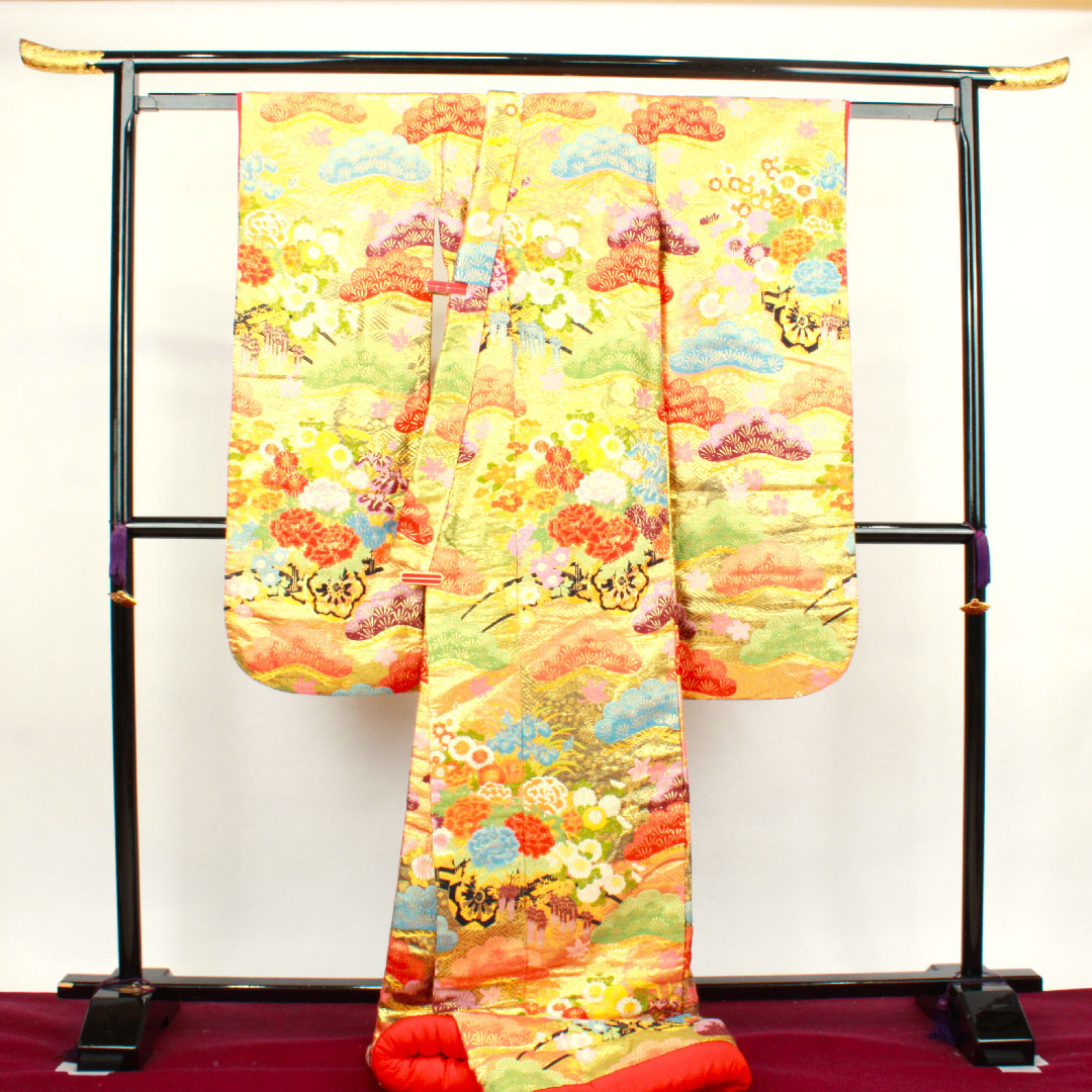 色打掛 身丈195cm  唐織 松 菊 花車 正絹 Sランク 袷 朱系 1110000412916