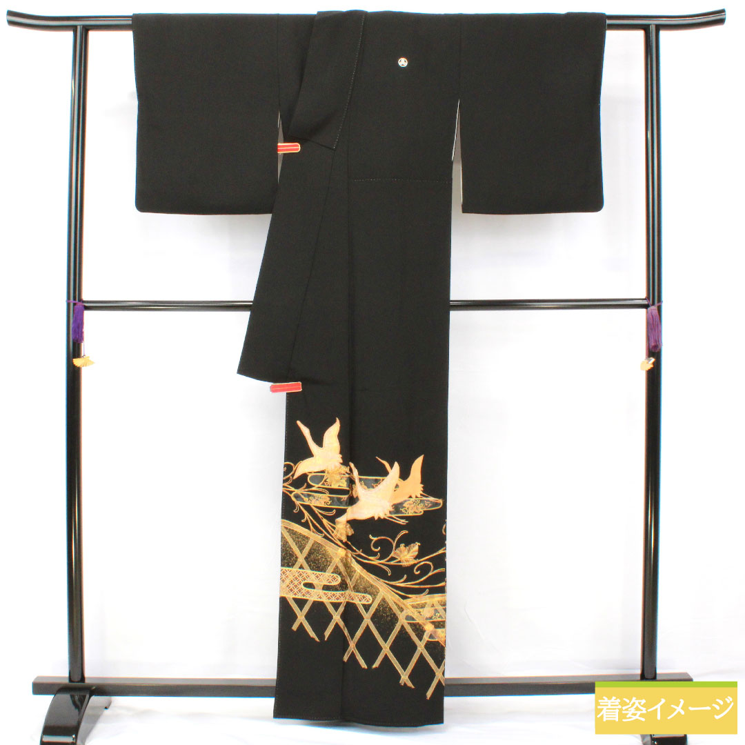 Black formal kimono, pure silk, length 162cm, sleeve length 64cm, lined, gold leaf embroidery, crane, five crests, three oak leaves in a circle, B grade, black, 1111001444410