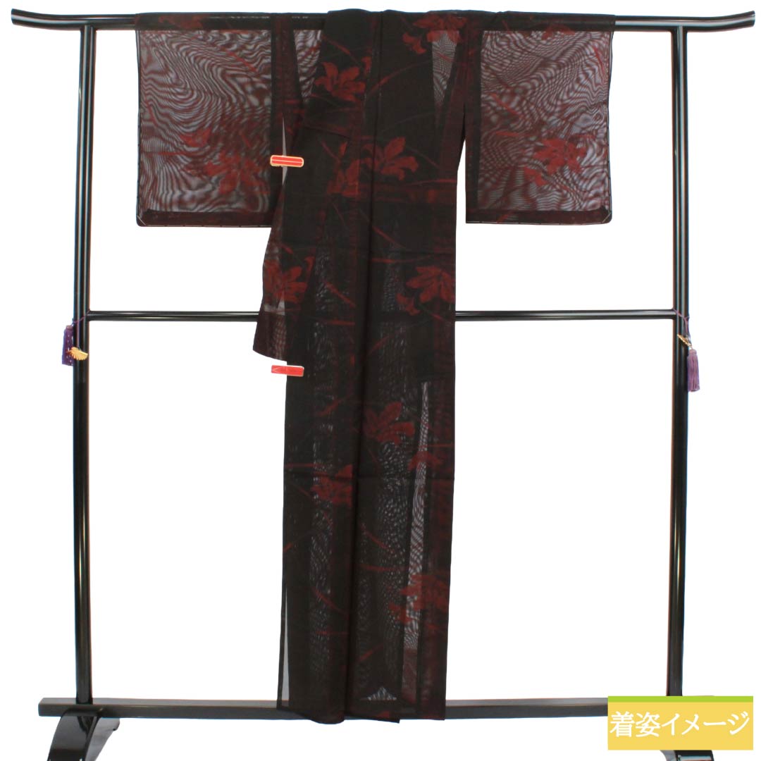 夏物 正絹 お召 Bランク 身丈155.5cm 裄丈62.5cm 暗紅色（あんこうしょく） 露芝 草花模様 紗 赤系 1132004264312