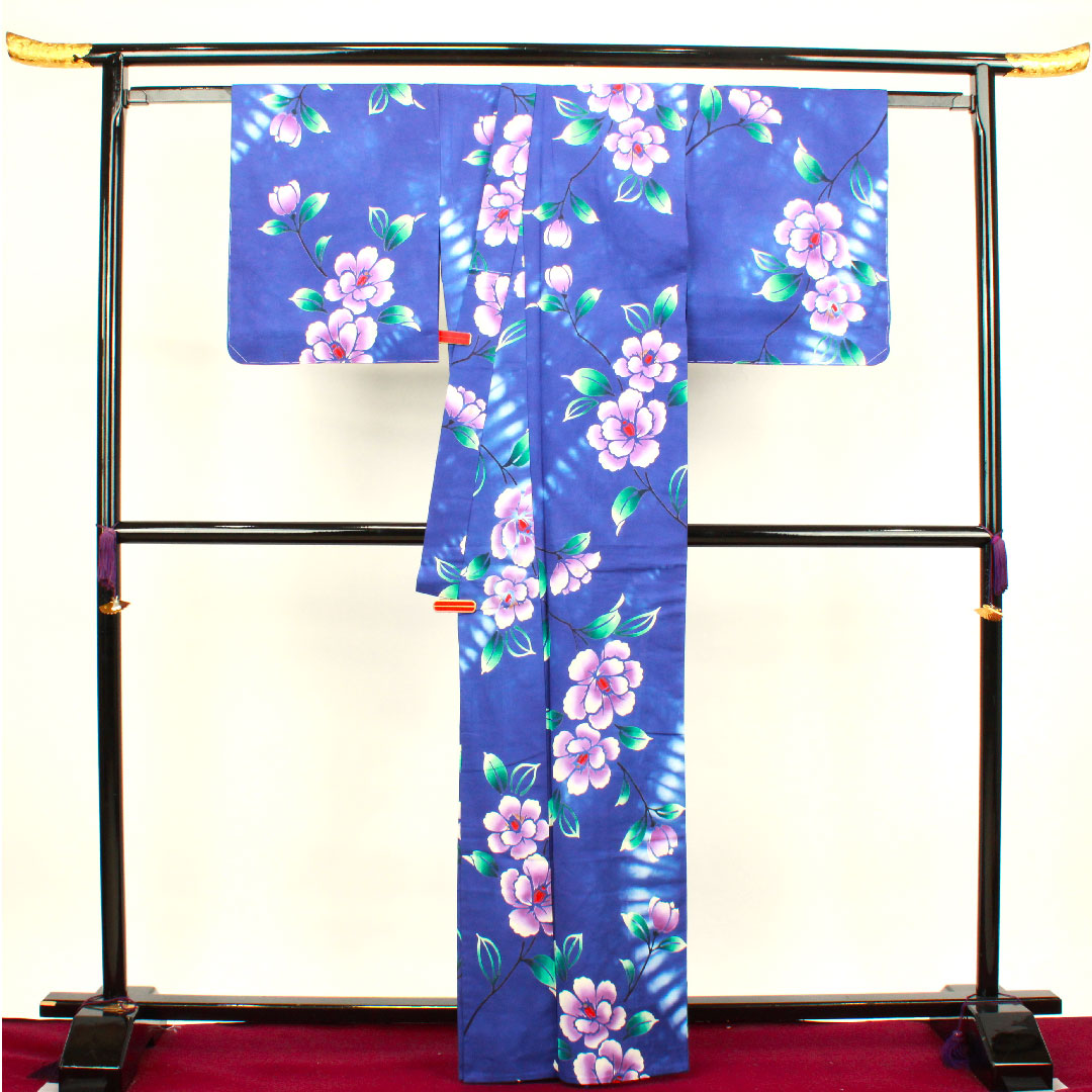 浴衣 青紫色 草花模様 木綿 Aランク 単衣 身丈164cm 裄丈70cm 紫系 1118001723420