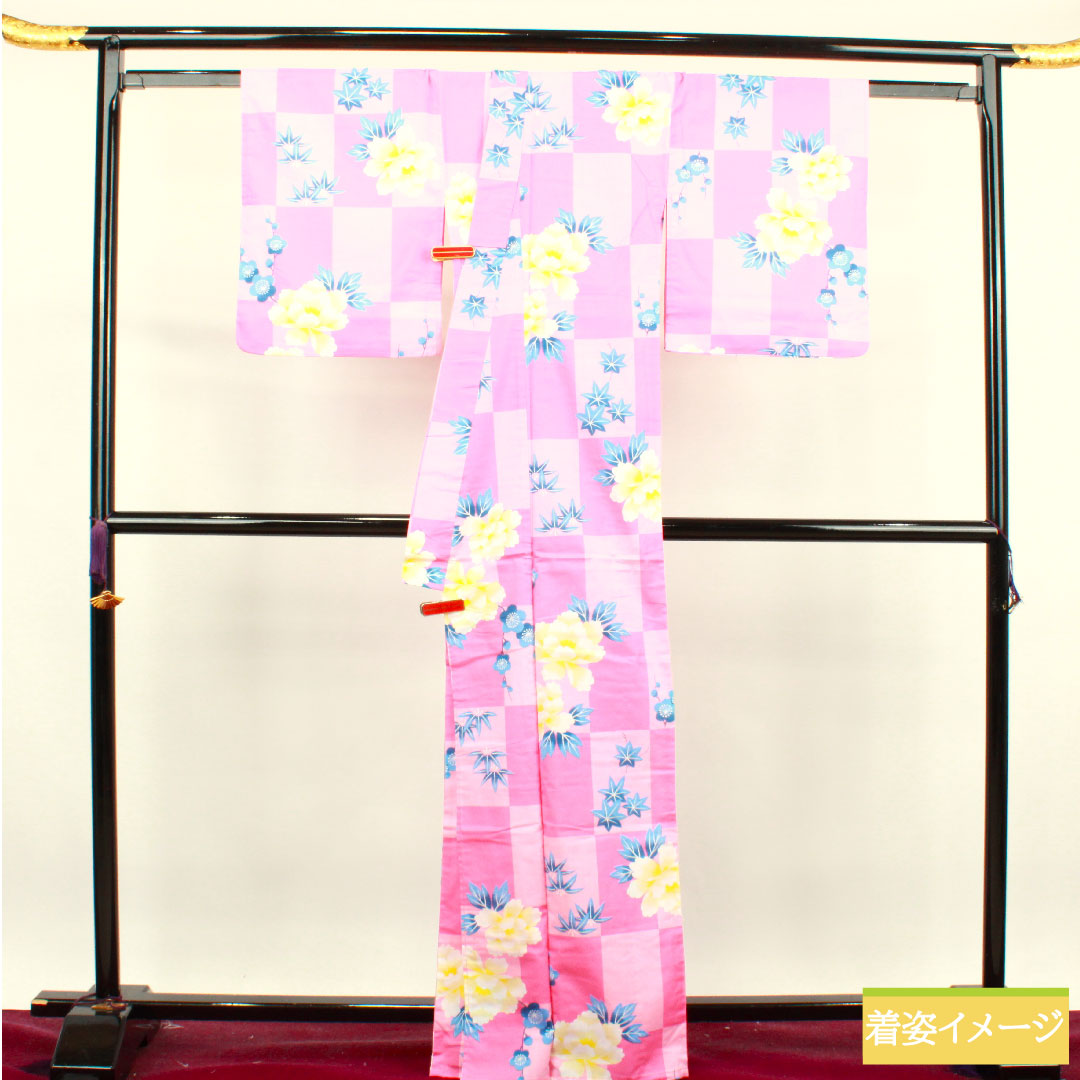 Yukata Cotton Length 165.5cm Sleeve length 66cm S rank Single layer Pink Checkered Peony Plum Autumn leaves 1118004652513