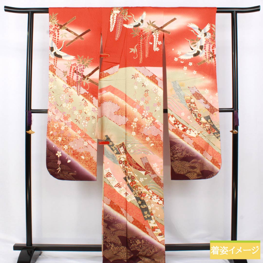 振袖 正絹 Bランク 身丈166cm 裄丈64.5cm 袷 真朱色（しんしゅいろ） 京友禅 吉祥文様 鶴 桜 藤 赤系 1113002164512