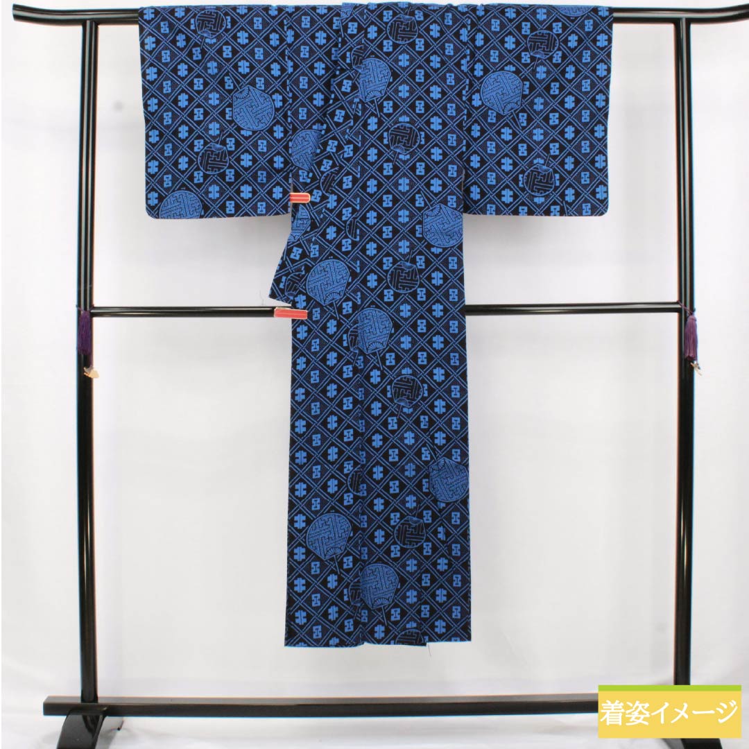Men's cotton yukata, length 140.5cm, sleeve length 63cm, dark navy blue, fan, S rank, single layer, navy blue, 1138000012418