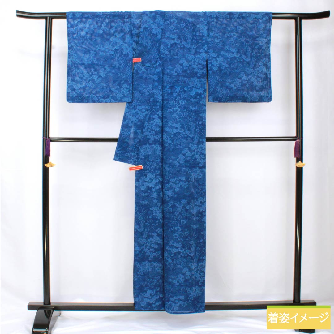 夏物 正絹 小紋 身丈157cm 裄丈65cm 紺桔梗色（こんききょういろ） 京紅型 草木染 五泉 絽 Aランク 紺系 1132002123318