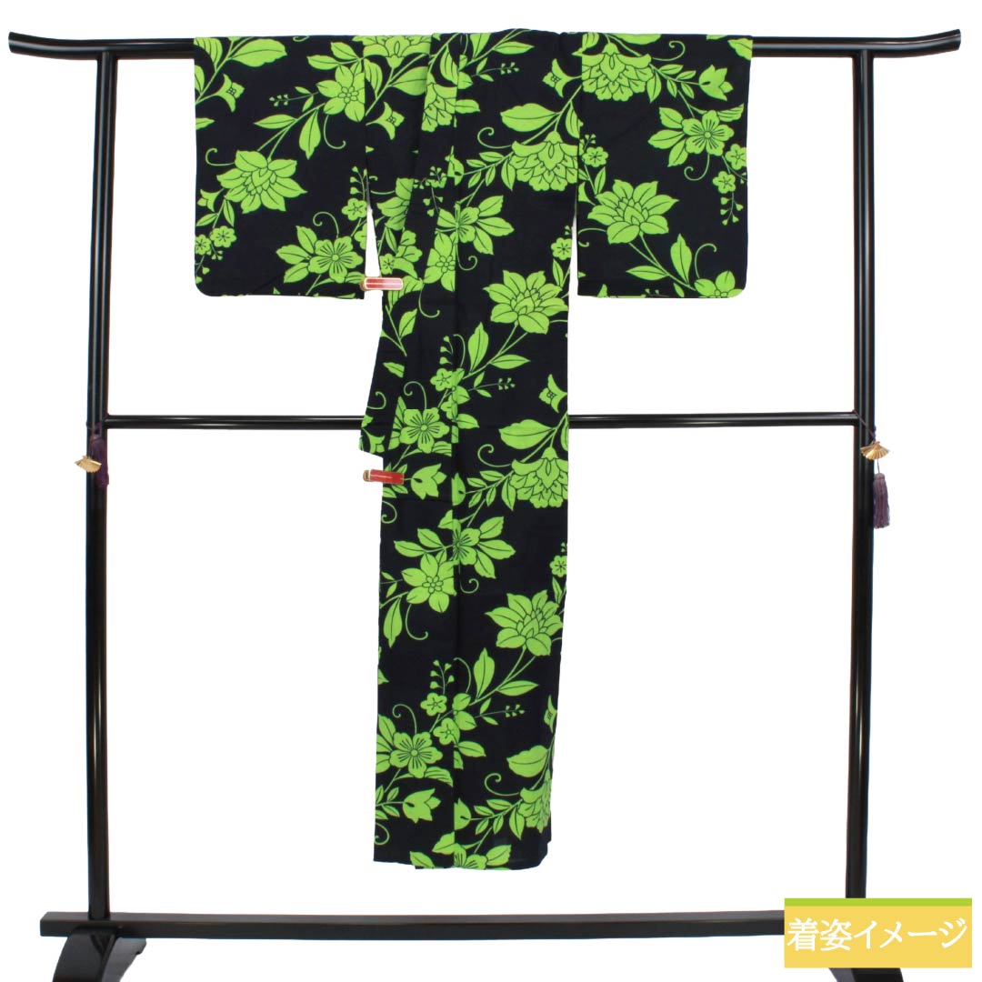 浴衣 木綿 Sランク 身丈142.5cm 裄丈59.5cm 草花模様 単衣 黒系 1118007392110