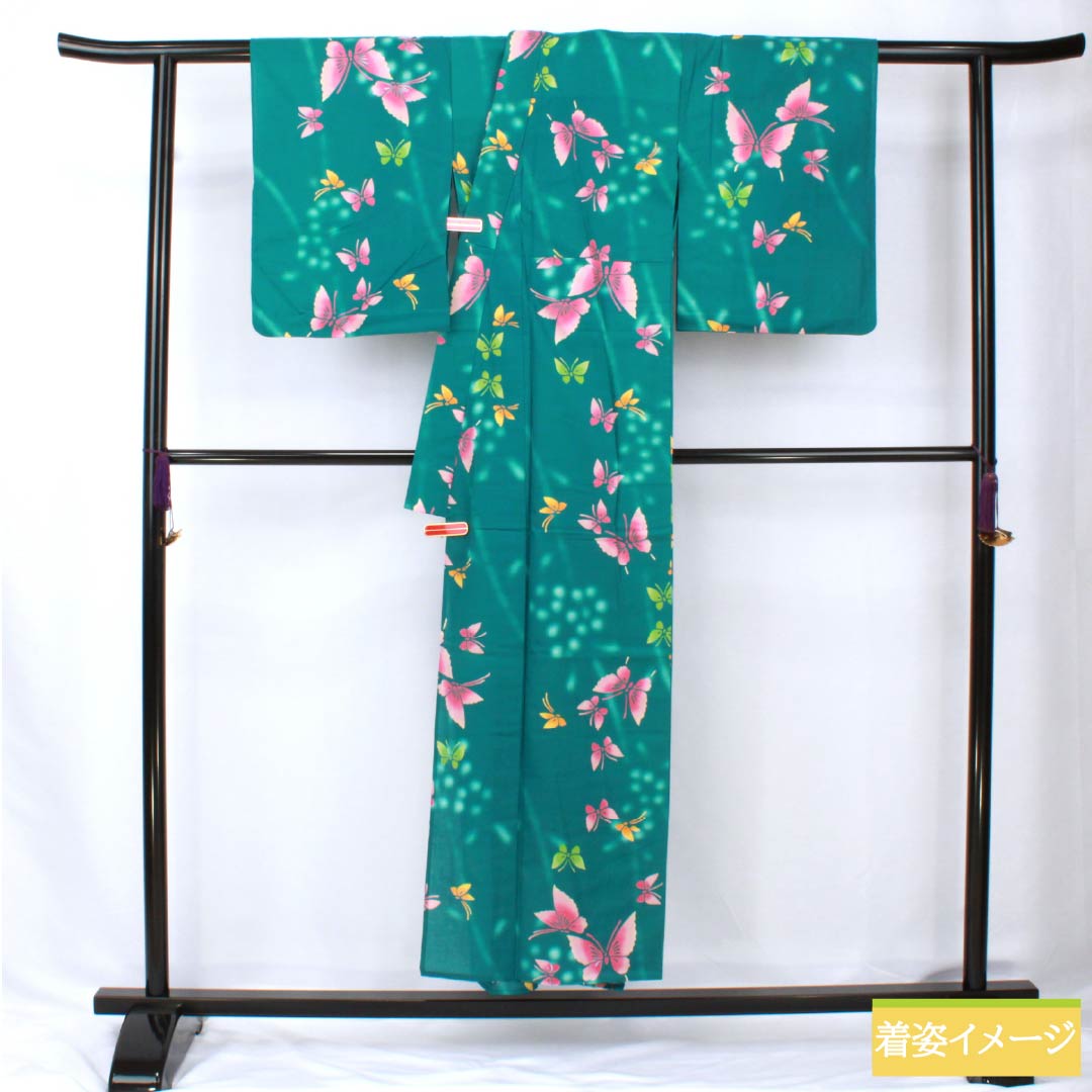 浴衣 木綿 身丈151.5cm 裄丈61.5cm Sランク 単衣 緑系 織色（おりいろ） 蝶 1118005862219