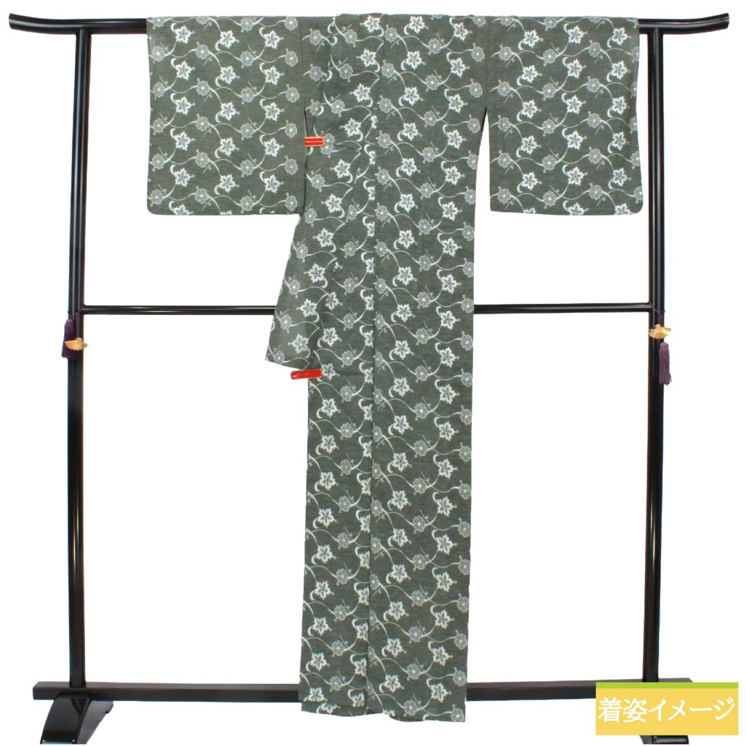 夏物 ポリエステル 小紋 Aランク 身丈159.5cm 裄丈68.5cm 青柳鼠色（あおやぎねずいろ） 刺繍 花柄 紗 緑系 1132006253319
