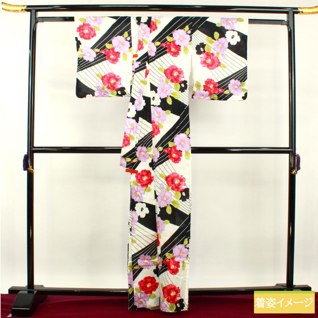 浴衣 木綿 身丈163.5cm 裄丈64cm Sランク 単衣 モノトーン 椿 1118005092427