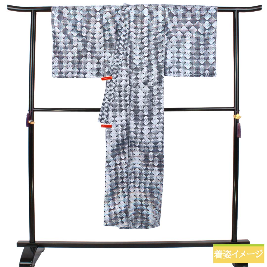 メンズ浴衣 木綿 Aランク 身丈143.5cm 裄丈65.5cm 濃紺色（のうこんいろ） 幾何学模様 居敷当て付き 単衣 紺系 1138000733418