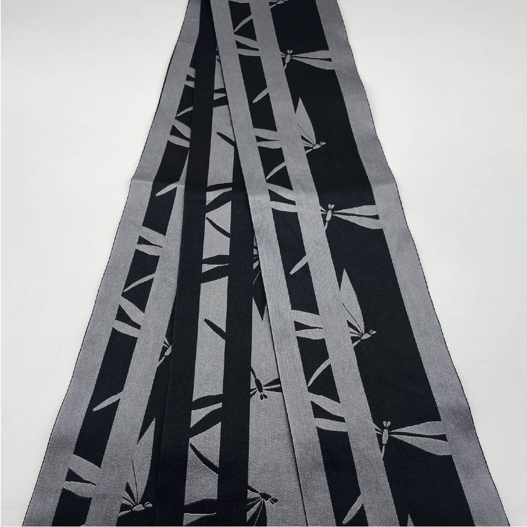 半幅帯 ポリエステル 帯丈354cm 黒色（くろいろ） 縞 トンボ 古典柄 リバーシブル 黒系 Sランク 1125001502310