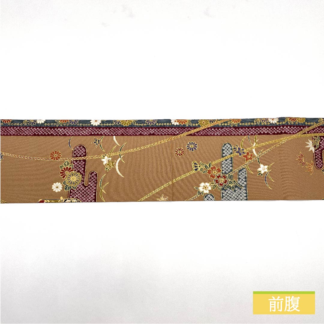名古屋帯 浅杉染色（あさすぎそめいろ） 御所車 菊 桜 帯丈355cm 正絹 Sランク 全通 セミフォーマル ベージュ系 1124006532325 名古屋仕立て