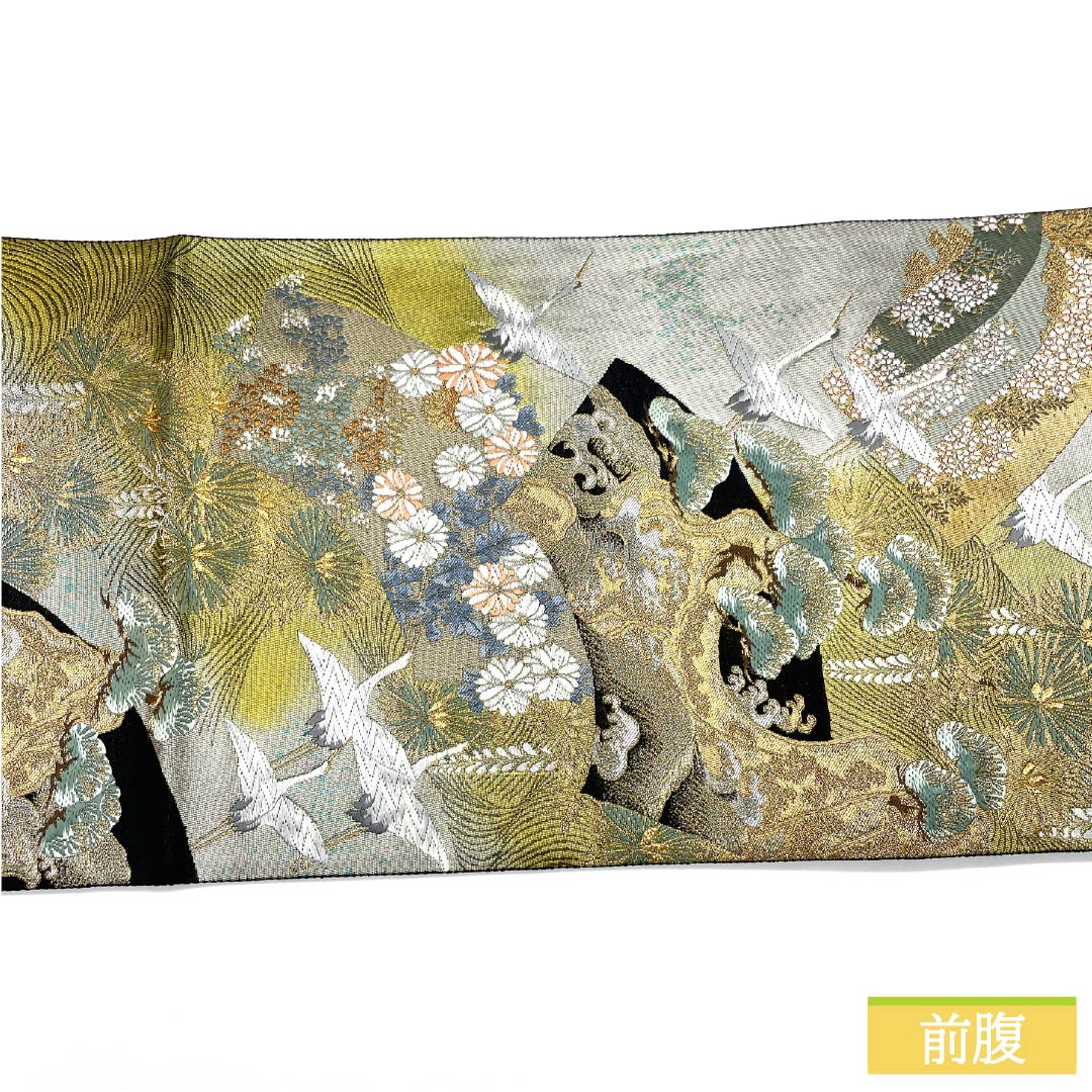 Silk Fukuro Obi for Tomesode, Crane, Fan, Chrysanthemum, Length 436cm, S Rank, Six-way, Formal, Black, 1123013362310