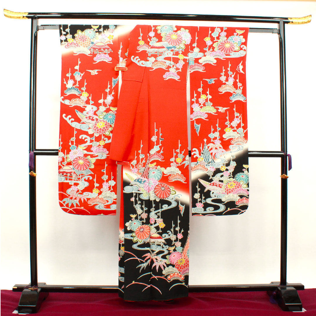 振袖 身丈158cm 裄丈66cm 袷  緋色 京紅型 松竹梅 菊 鳥 吉祥文様  正絹 Sランク 赤系 1113001602312