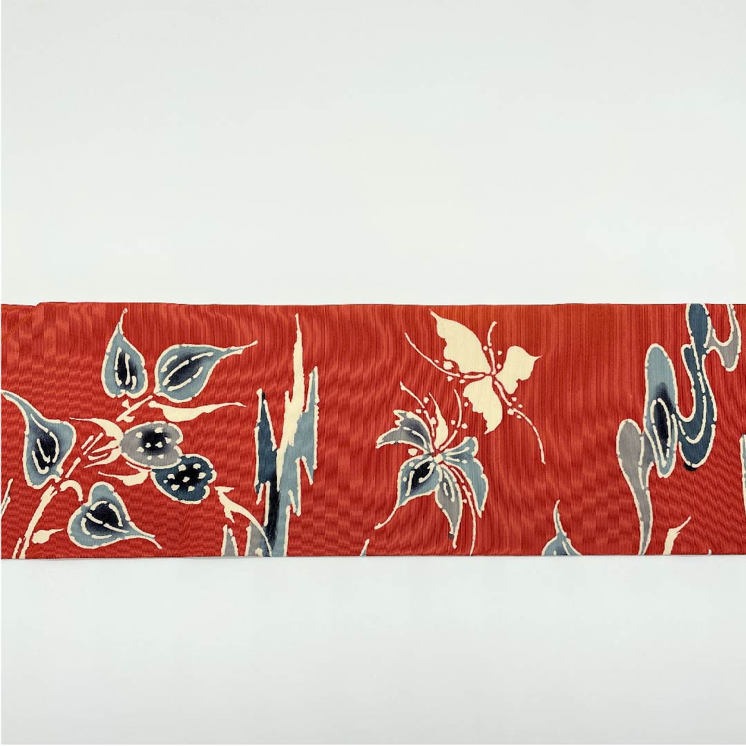 名古屋帯 紅鳶色 蝶 草花模様 帯丈349.5cm 正絹 Bランク 全通 カジュアル 朱系 1124003024316  名古屋仕立て