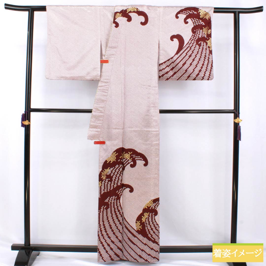 訪問着 ポリエステル Aランク 単衣 身丈162cm 裄丈66.5cm 木蘭色（もくらんじき） 波 七宝 半衿付き 洗える着物 赤系 1112006963412