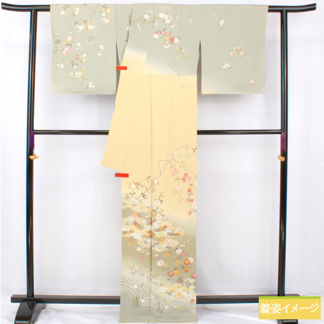 訪問着 正絹 袷 身丈165.5cm 裄丈66.5cm 東京白茶色（とうきょうしらちゃいろ） 青磁色（せいじいろ） 京友禅 草花模様 Sランク グラデーション系 1112005722599
