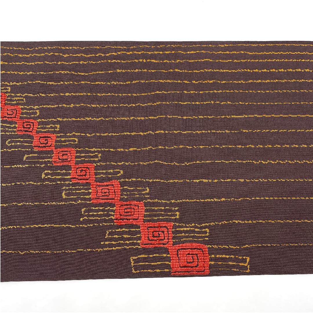 袋帯 阿仙茶色（あせんちゃいろ） 抽象模様 帯丈420cm 正絹 Aランク ポイント柄 カジュアル 茶系 1123005963314