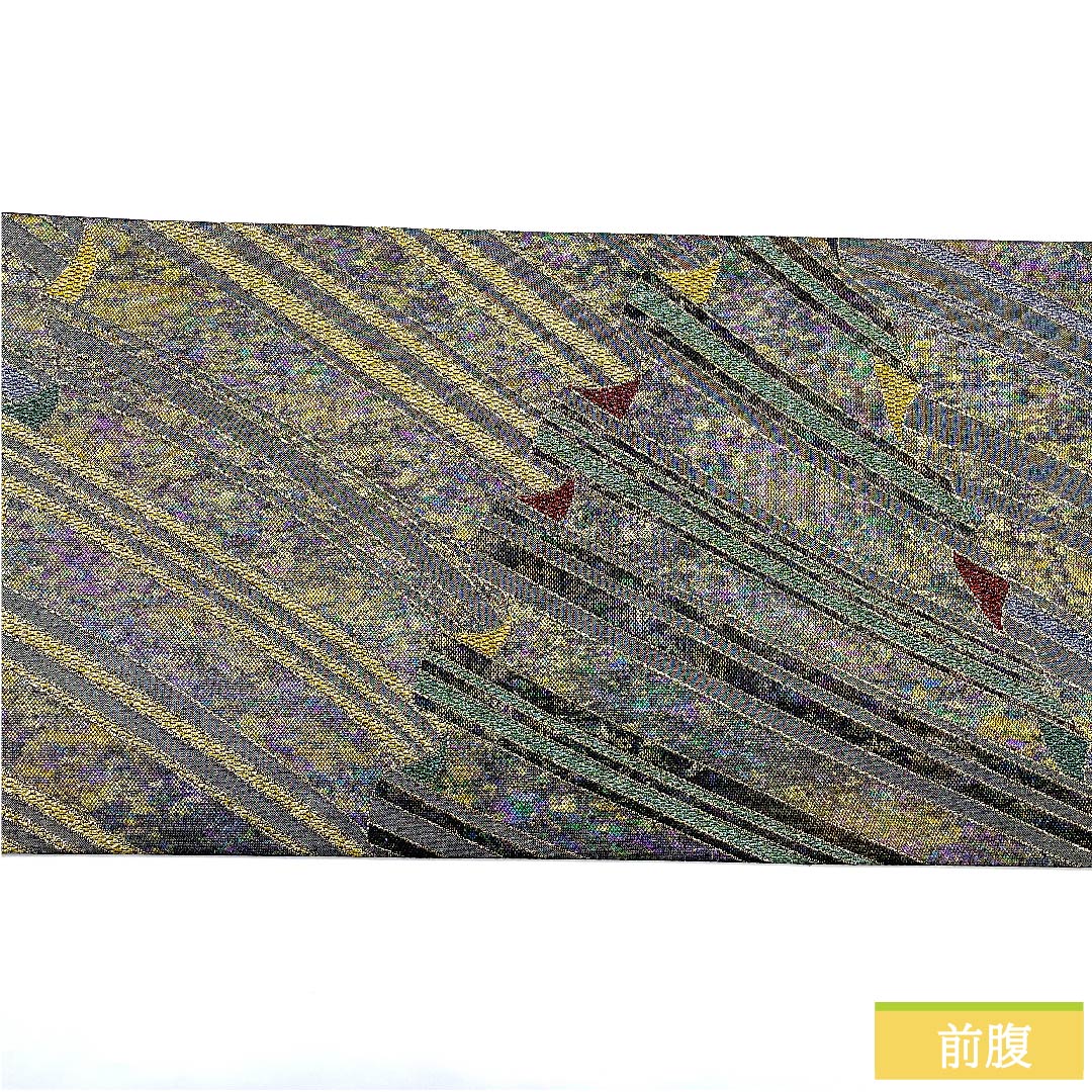袋帯 正絹 薄黒色（うすぐろいろ） 幾何学模様 帯丈432cm Sランク 六通 セミフォーマル 銀系 1123010992322