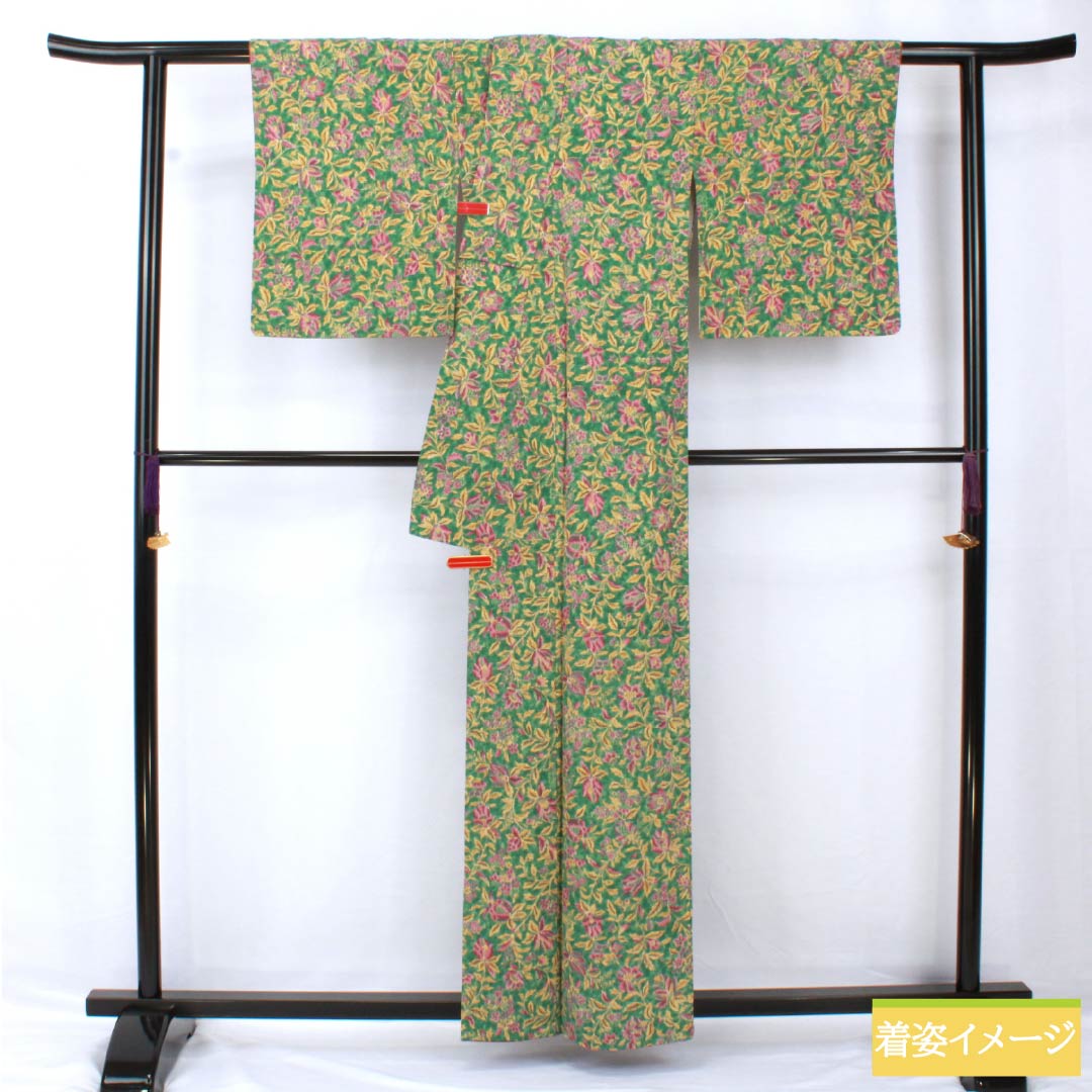 小紋 正絹 身丈159cm 裄丈62cm 袷 青銅色（せいどういろ） 型染 総花 Sランク 緑系 1115005362319