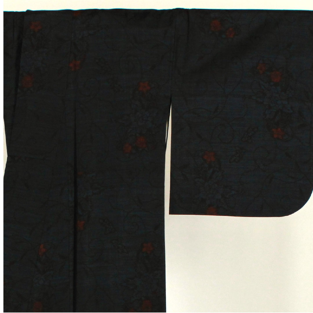 大島紬 身丈163.5cm 裄丈67cm 緯絣 草花模様 正絹 Sランク 袷 紺系 1116001142318