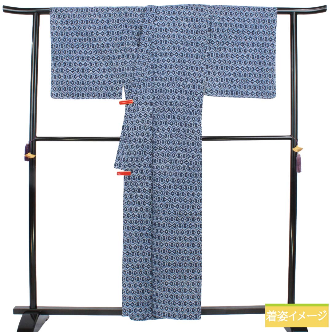 メンズ浴衣 木綿 Aランク 身丈157.5cm 裄丈72cm 幾何学模様 居敷当て付き 単衣 紺系 1138001133518