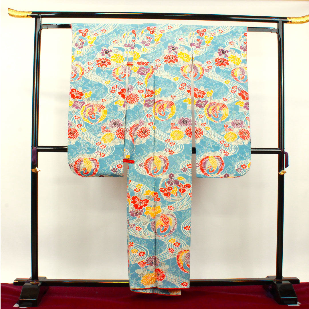 振袖 身丈156.5cm 裄丈64cm 袷  天青色 京紅型 吉祥文様  正絹 Aランク 青系 1113001653317