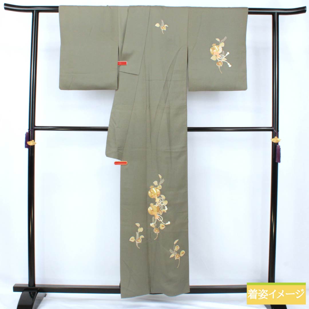 訪問着 正絹 Sランク 袷 身丈155cm 裄丈62.5cm 利休鼠色（りきゅうねずみいろ） 京友禅 付下げ 葵 小槌 スーパー鈴ガード 緑系 1112007212319