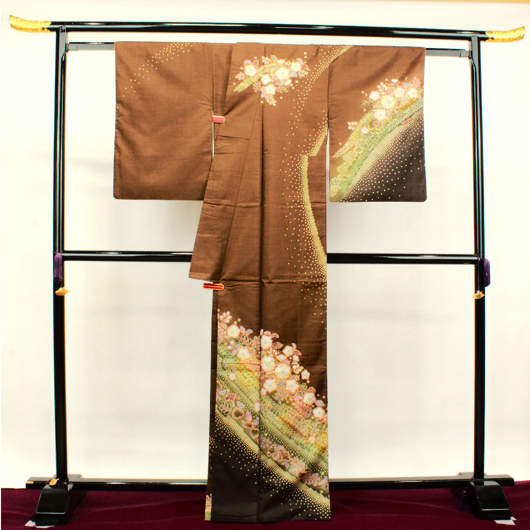 訪問着 正絹 袷 身丈165.5cm 裄丈66cm 柿兼房色 大島紬 辻ヶ花 パールトーン加工 Sランク 茶系 1112003242514